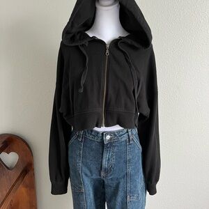 Black Hooded Zip-Up Cropped Hoodie  Top